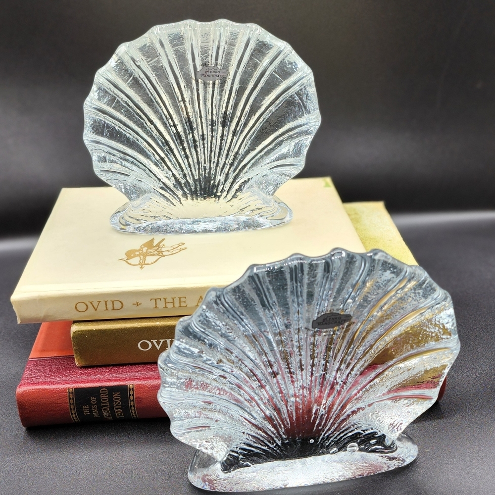 Vtg Blenko Art Glass Clear Scallop Clam Shell  Bookends-MCM Bookends-Home Decor
